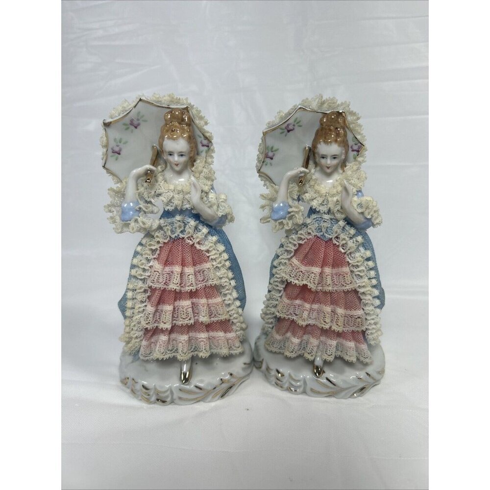 Pair Of Dresden Lace Victorian Ladies With parasol Figurine Japan A3